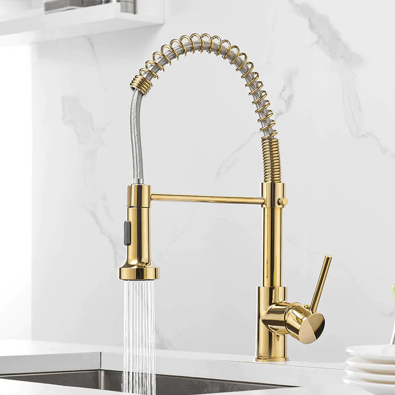polished gold single hole spring kitchen faucet