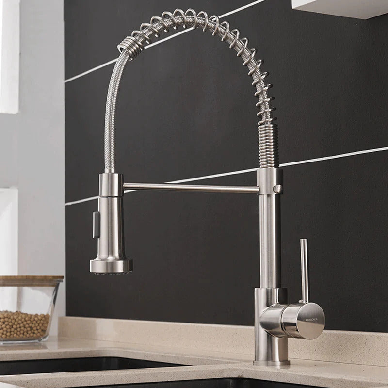 brushed nickel single hole pull out kitchen faucet