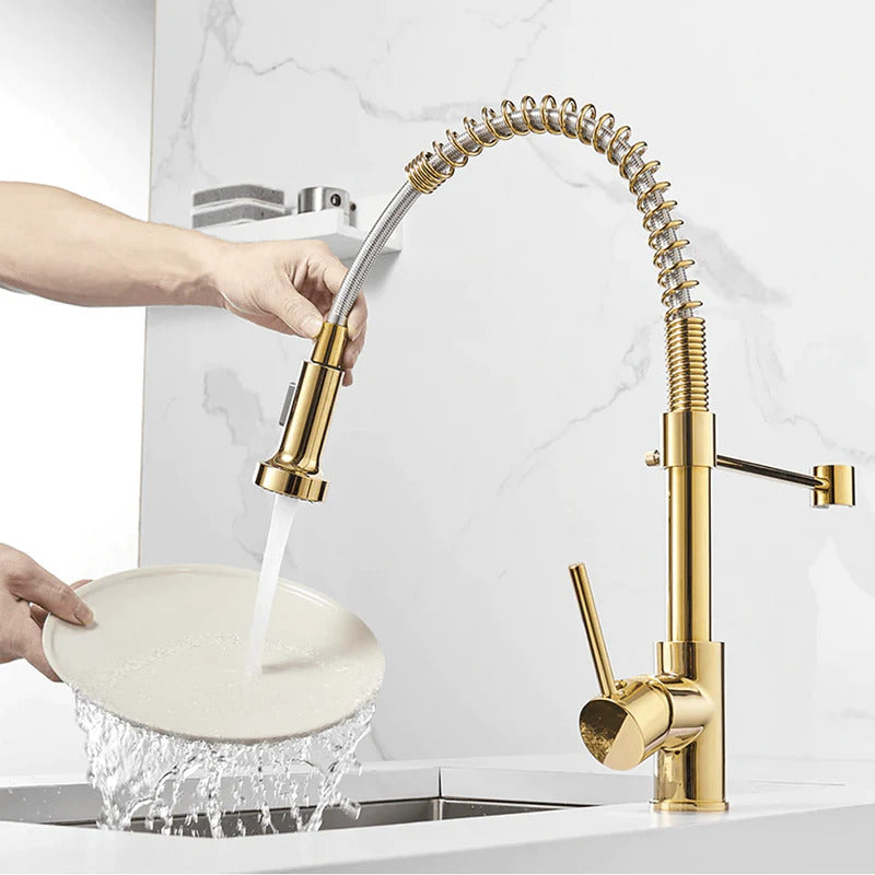 retractable polished gold kitchen faucet with sprayer