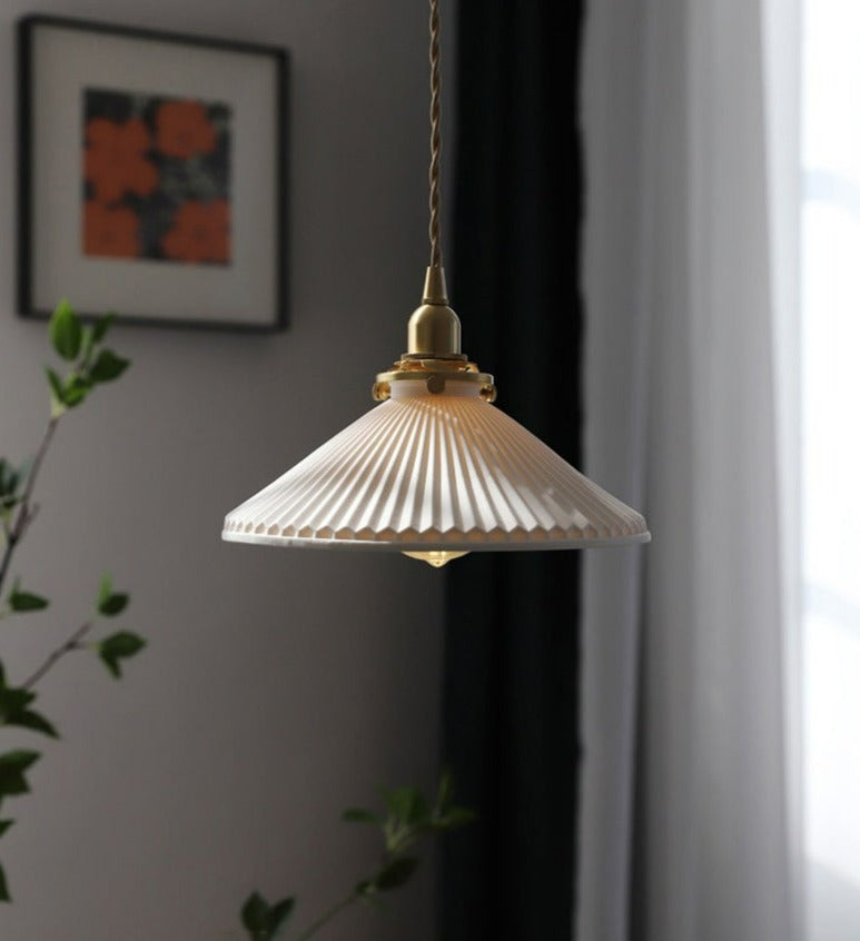 Porcelain white ceramic and brass vintage pendant light