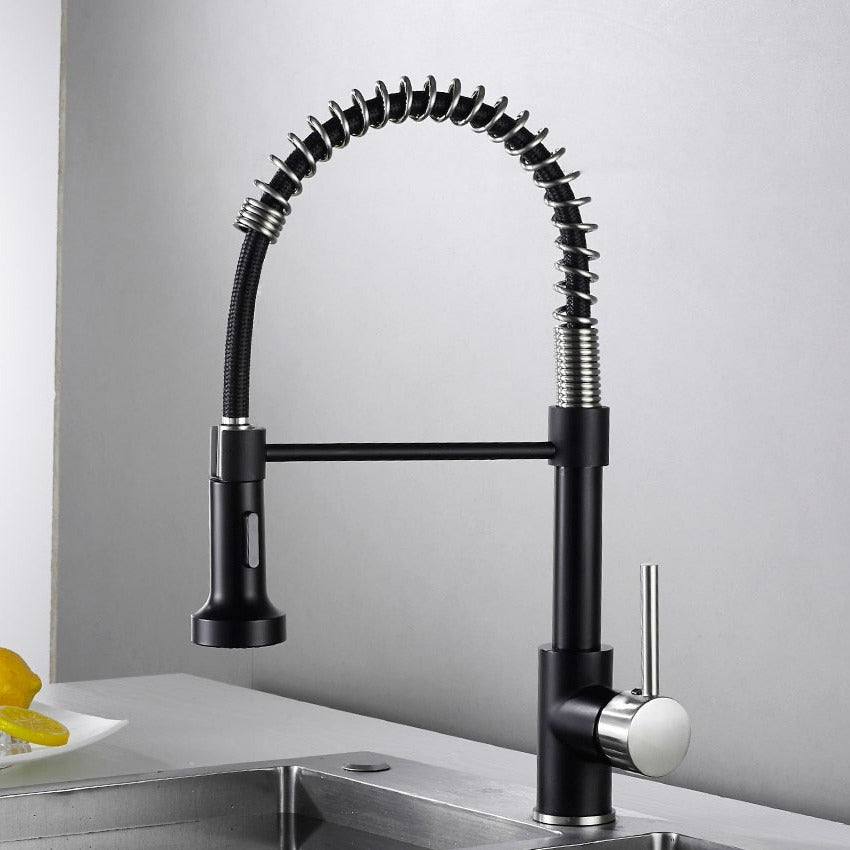 black and chrome retractable modern single hole kitchen faucet