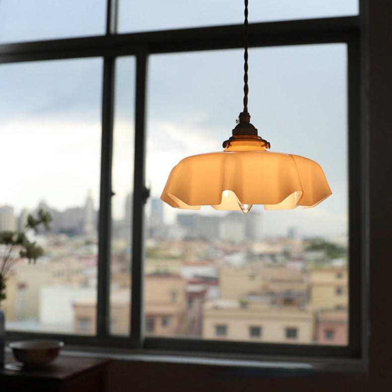 cream colored glass flower plant pendant light