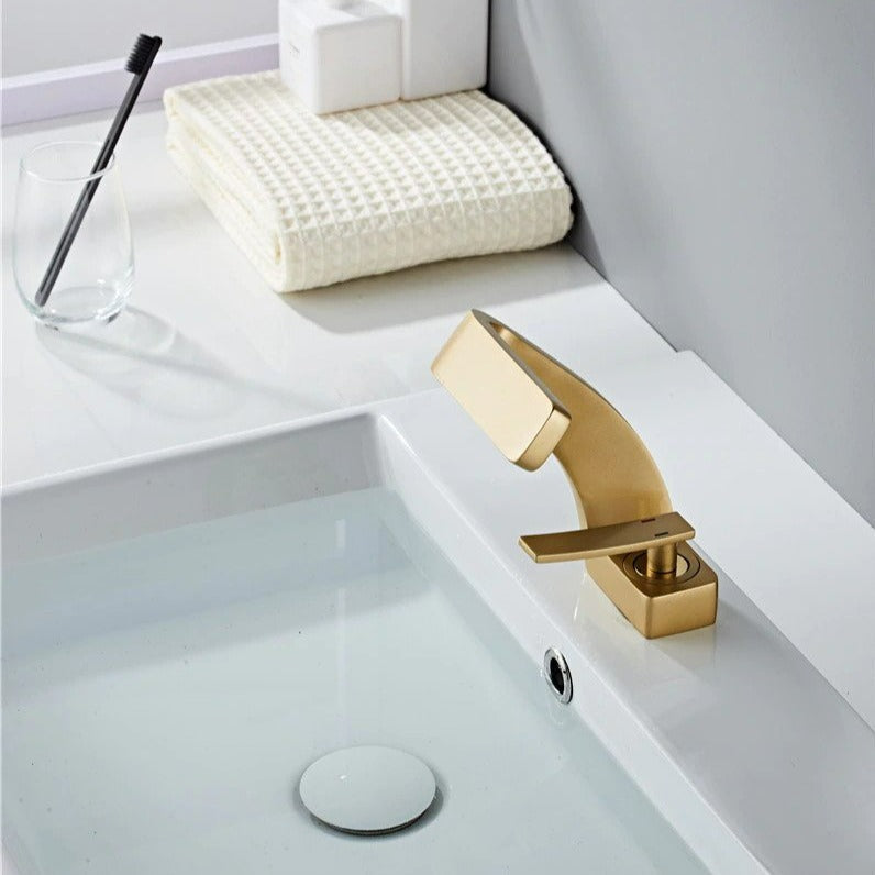 Designer brushed gold curved bathroom faucet