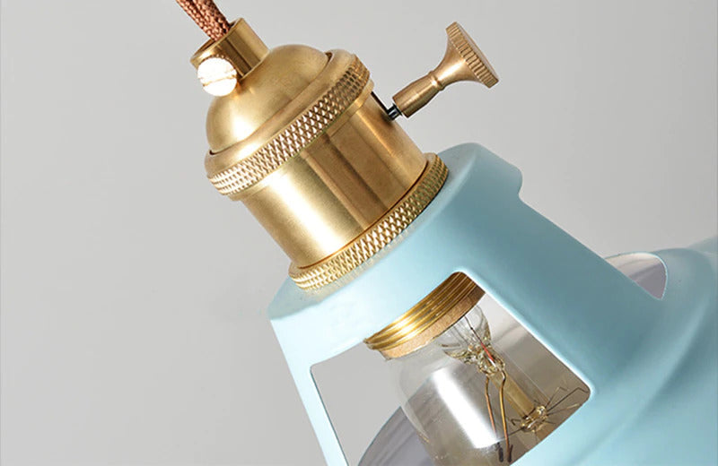 blue vintage colorful pendant light with brass lamp base