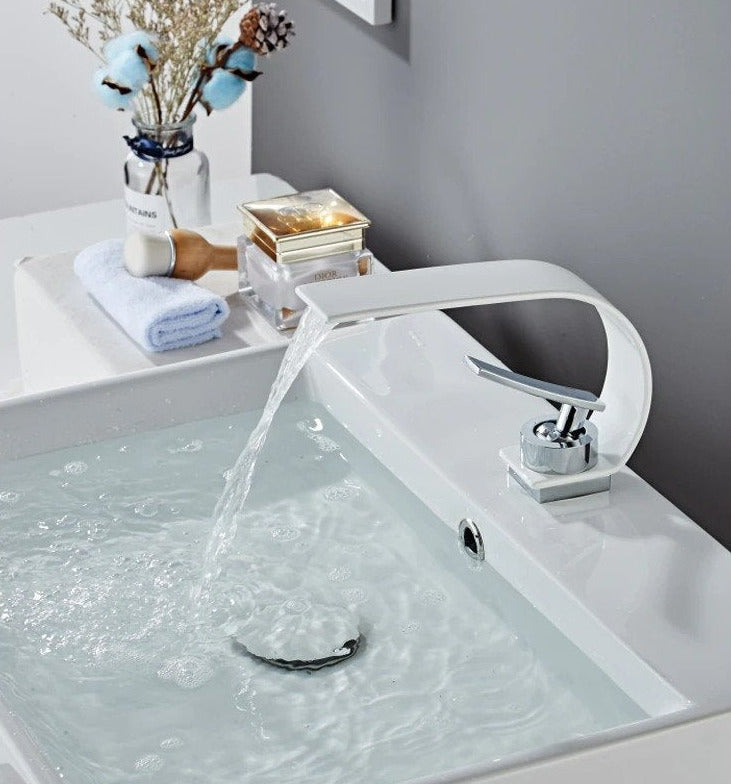 slim modern white and chrome bathroom faucet