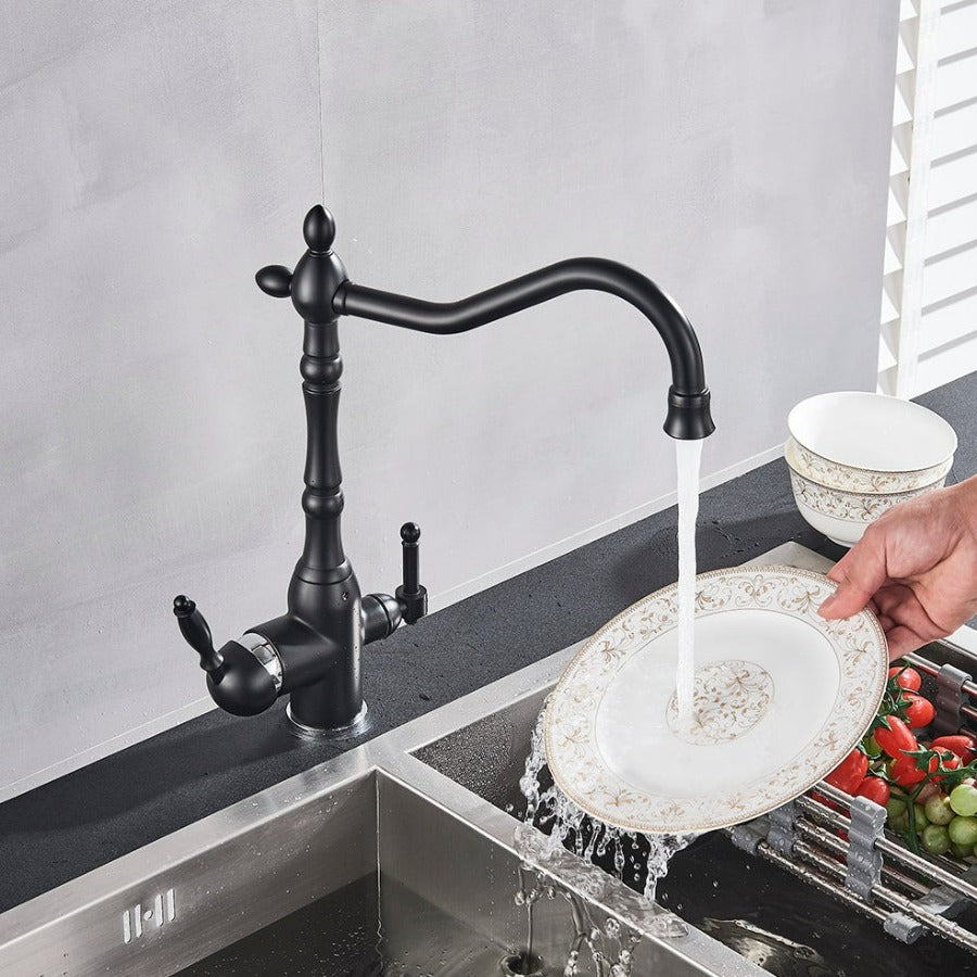 Filtered water two handle modern kitchen faucet in black