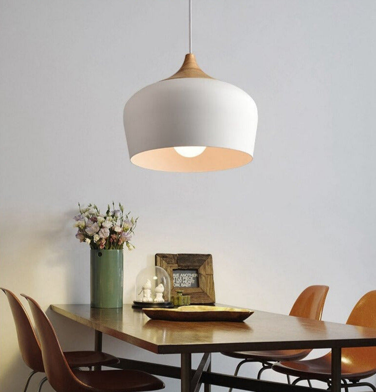 white European style pendant ligght fixture above dining table