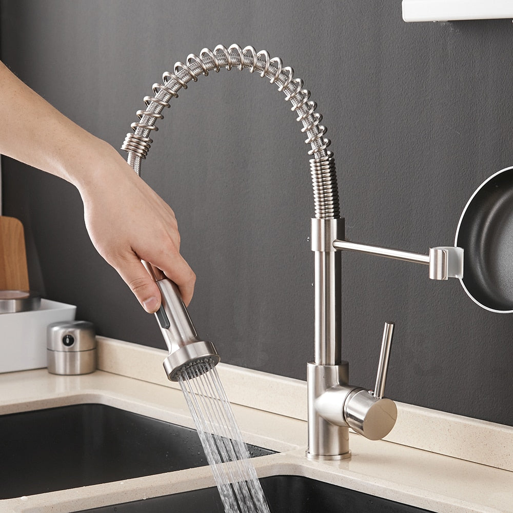 modern brushed nickel spring retractable kitchen faucet