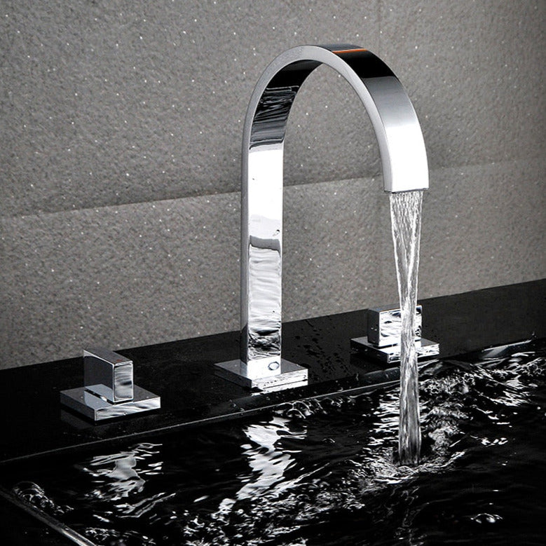 Grifo de baño moderno de cuello de cisne con doble manija