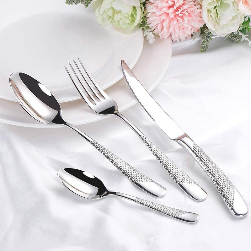 stainless steel elegant modern textured handle silverware set