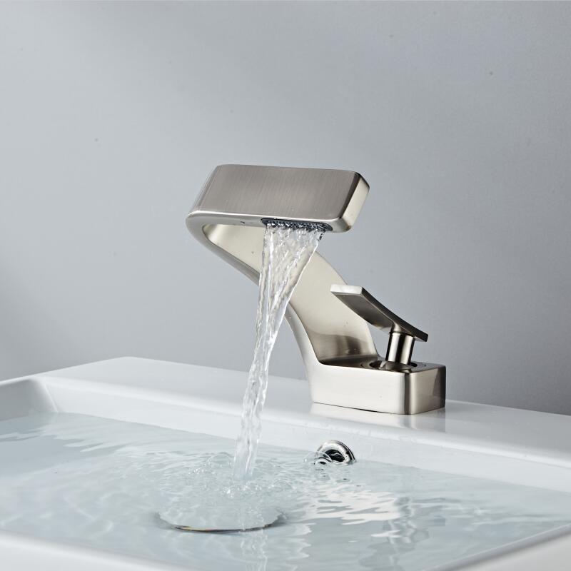 Curved modern brushed nickel basin faucet
