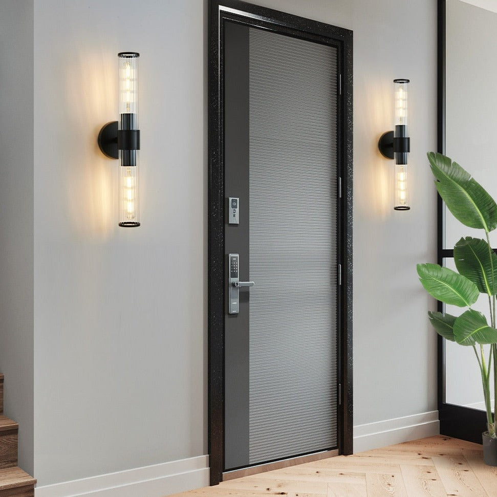 black two-bulb hallway wall lights