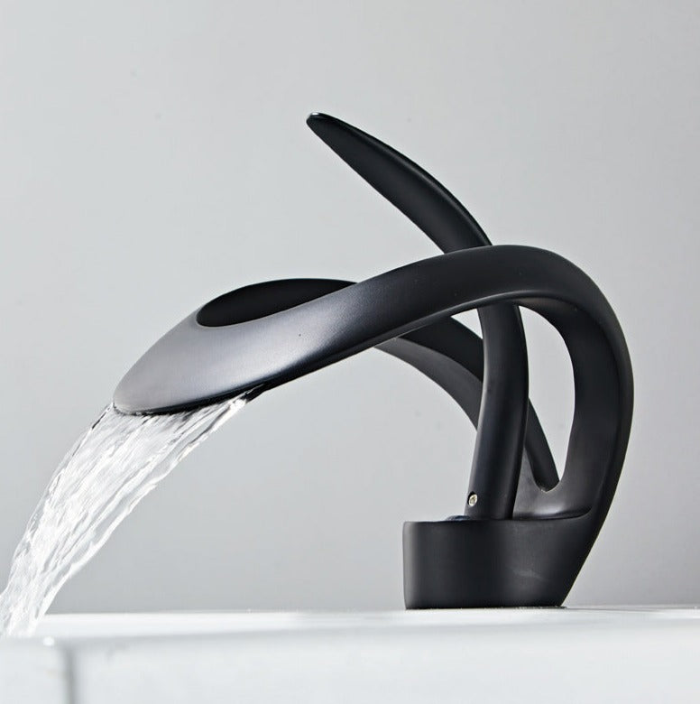 Modern dual channel curved spout bathroom faucet in black