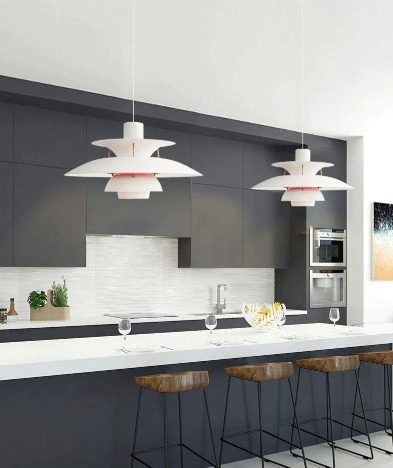 modern white layered pendant lights for kitchen island