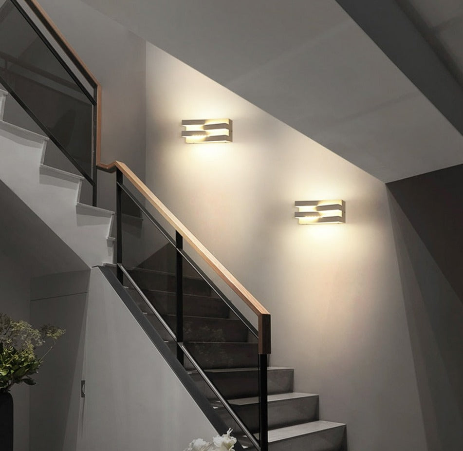 white geometric interior LED wall lights for stairs