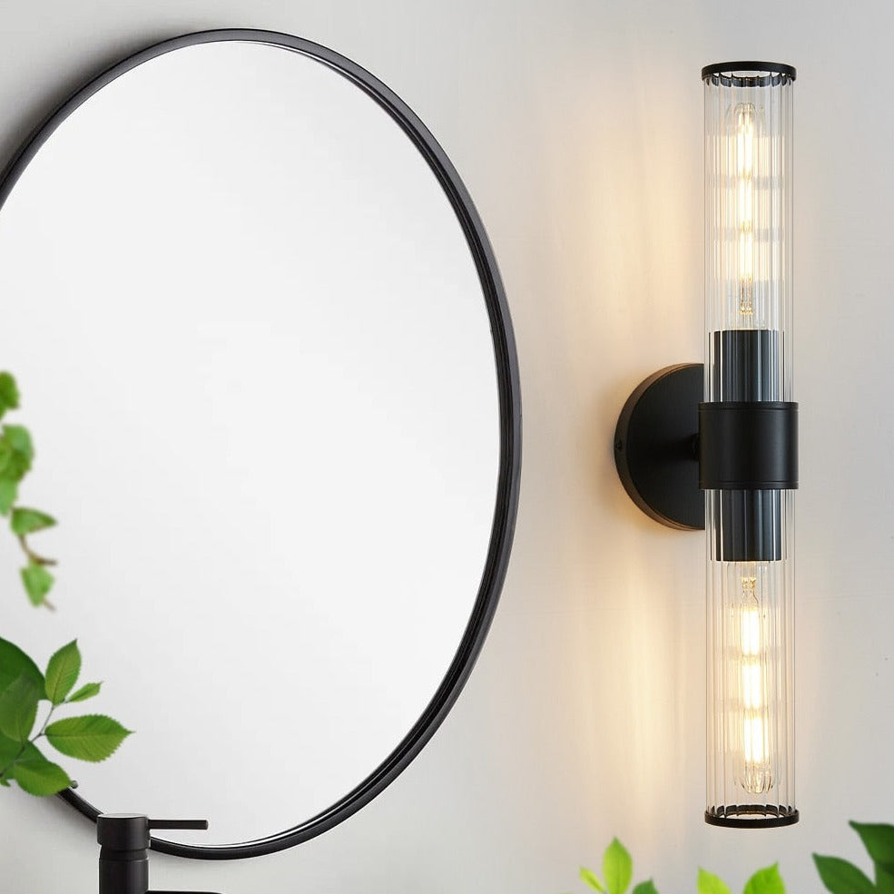 black two-bulb wall sconce for powder room