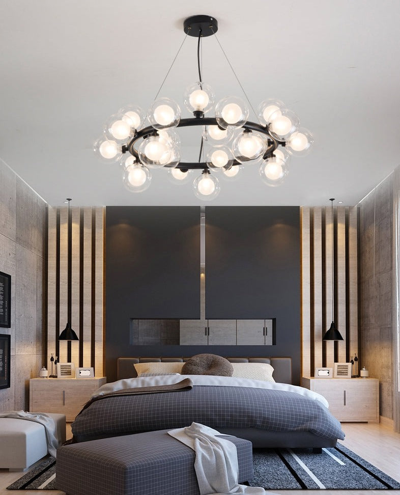 black multi-bulb chandelier bedroom design