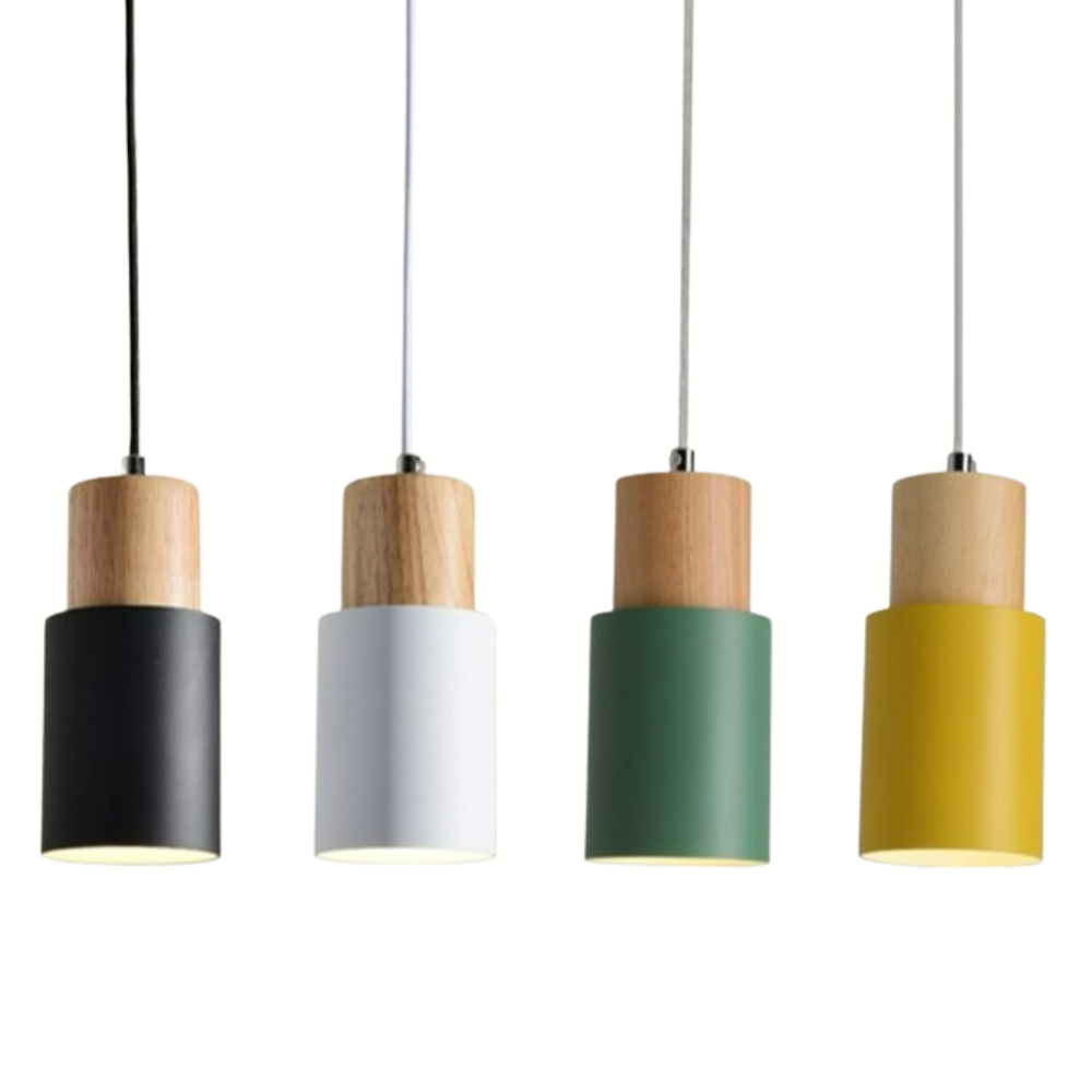 Lámpara colgante nórdica colorida con base de madera