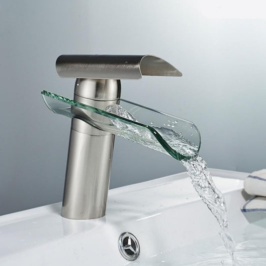 brushed nickel modern glass waterfall faucet