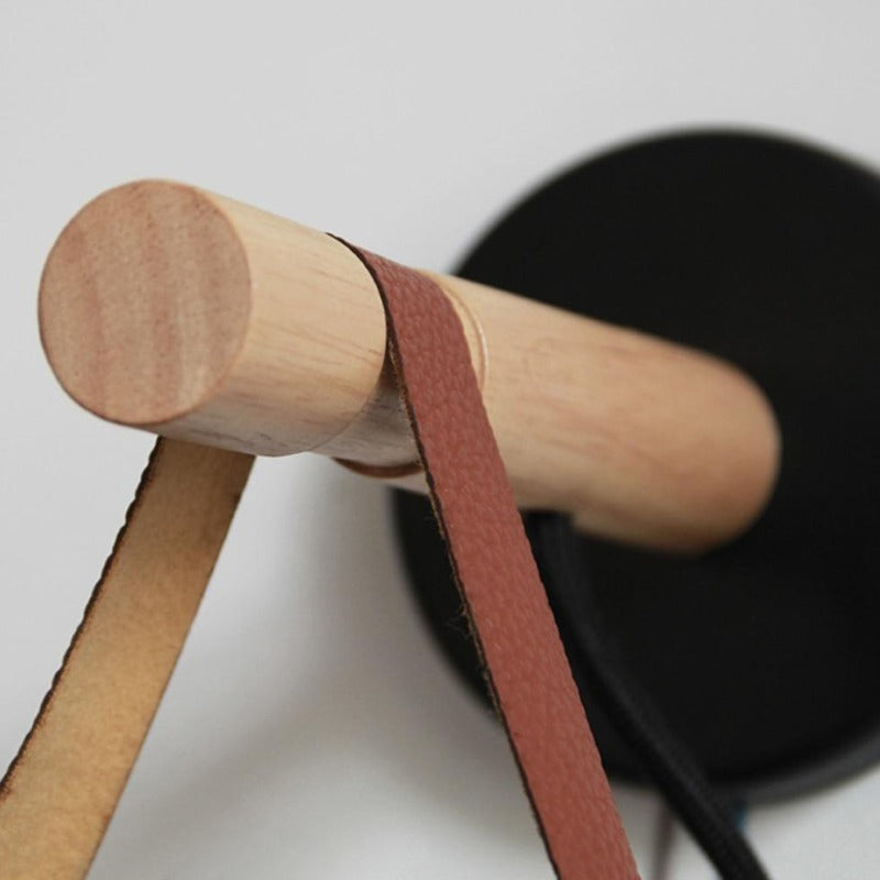wooden nordic wall lamp with leather strap