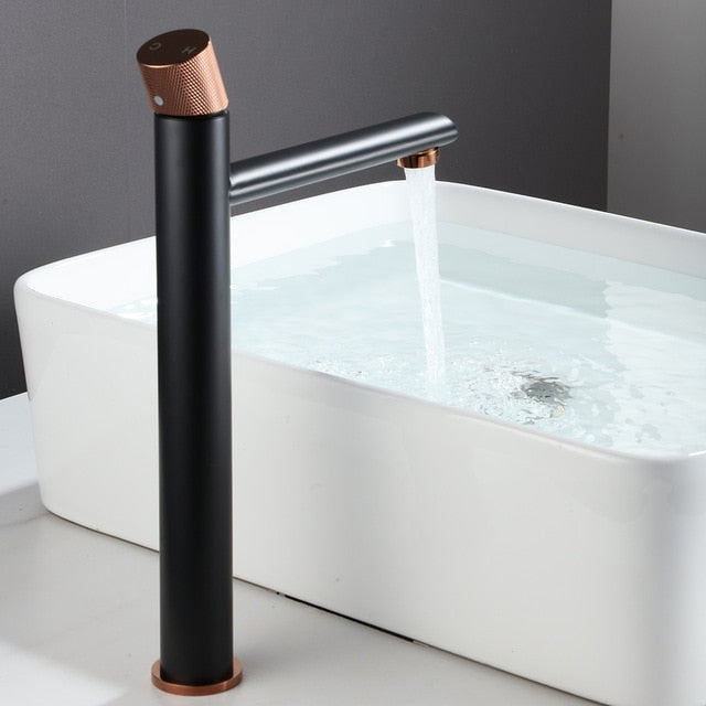 modern black and rose gold bathroom faucet