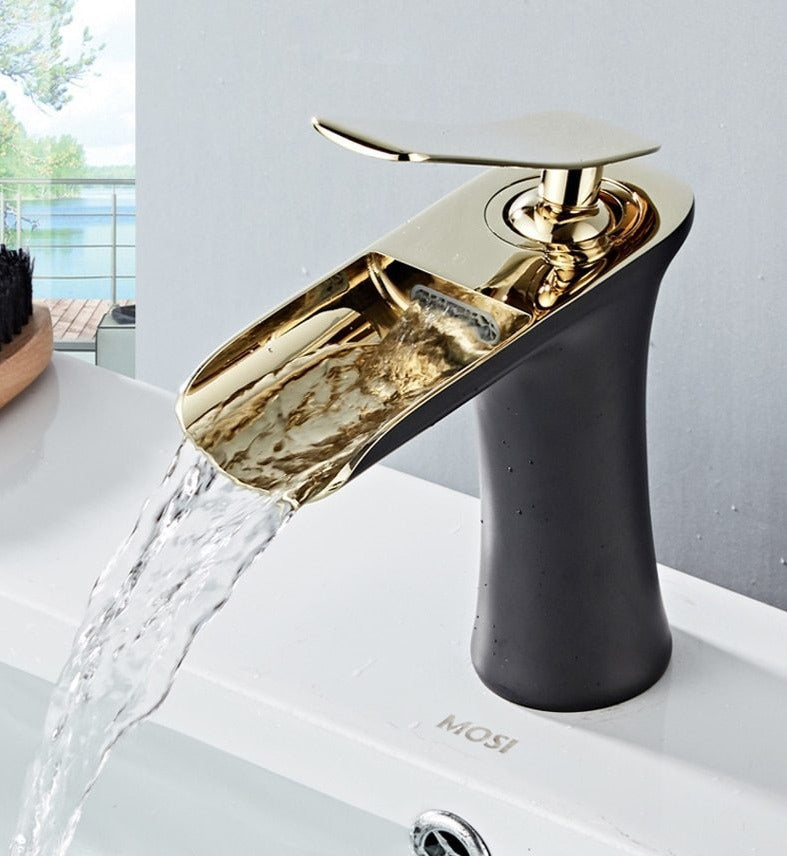 Modern Matte Black and Gold Waterfall Single Handle Bathroom Faucet