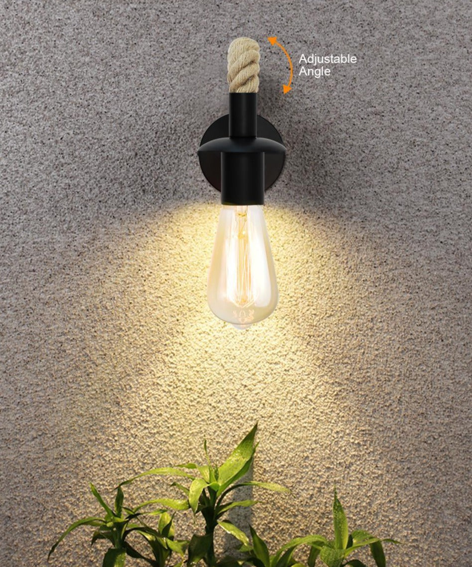 Jute and Black Metal Exterior Wall Light with Edisom Bulb