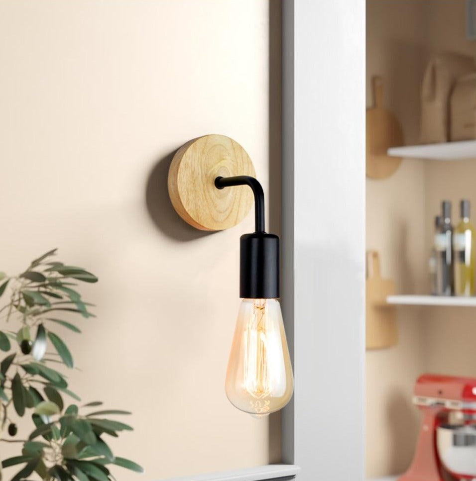 Industrial Style Wood, Black Metal, Edison Bulb Wall Sconce