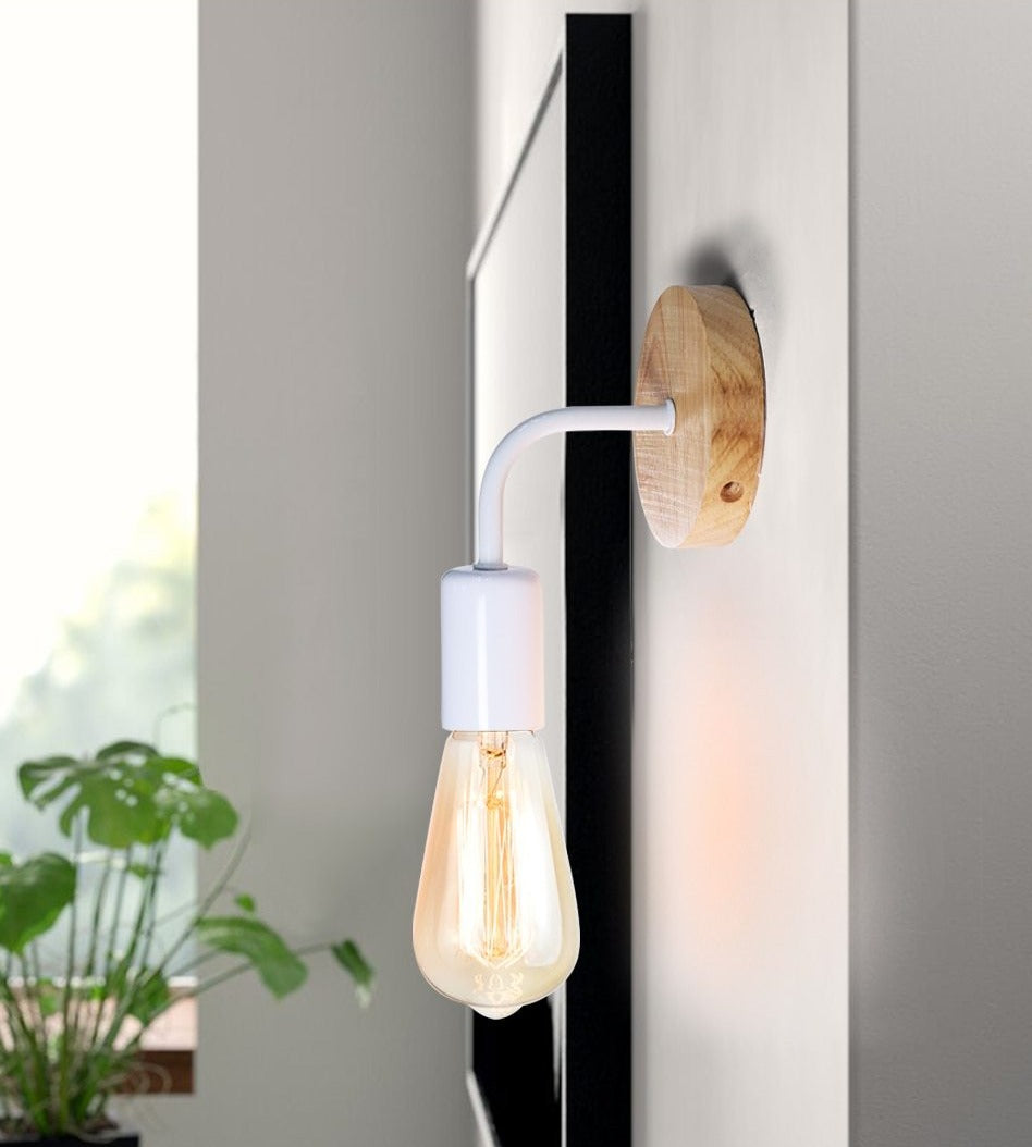 Wood and White Metal Wall Sconce with Edison Bulb