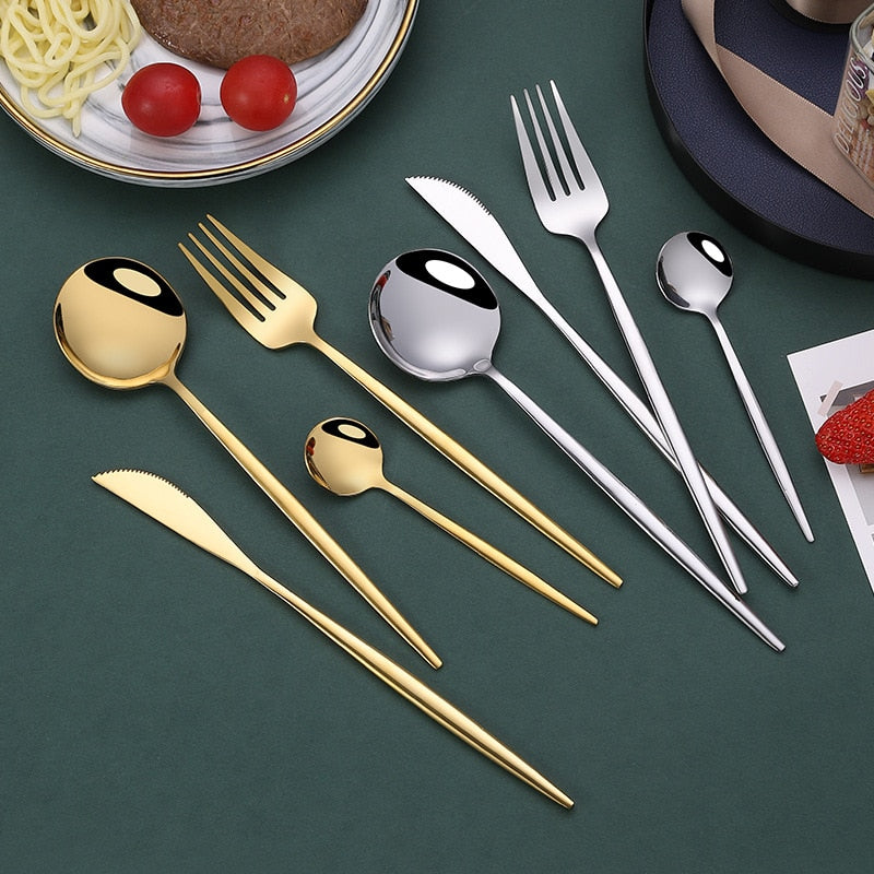 gold and polished chrome silverware set