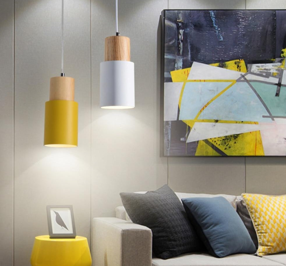 Nordic Wooden Base Pendant Light Yellow and White