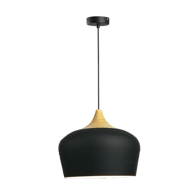 Black Metal and Wood Hanging Scandinavian Design Ceiling Mount Dome Pendant