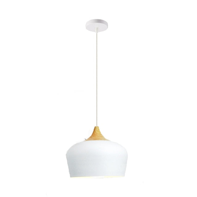 White Dome Hanging Pendant Light, Wood Accents, Scandinavian design