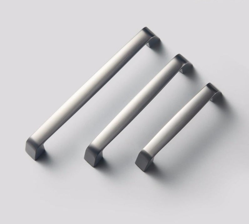 Gray metal cabinet and drawer handles