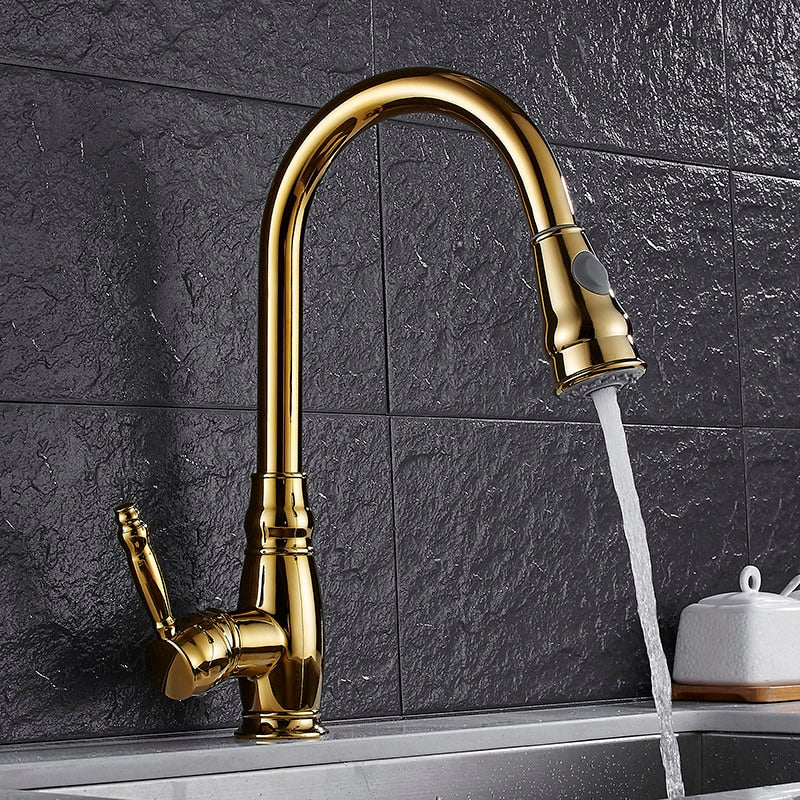 Retractable kitchen faucet in gold