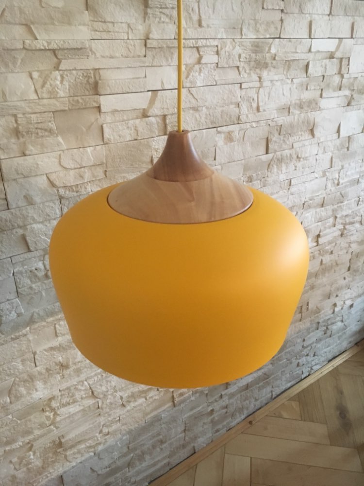 Yellow Dome Pendant Lighting with Wood Accent, Scandinavian Design
