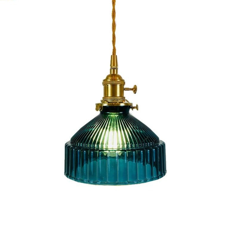 Blue vintage textured glass pendant light with polished copper lamp base