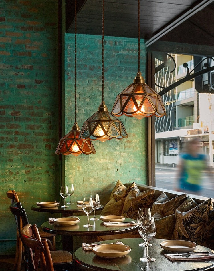 Blue, Amber, and Clear Vintage Stained Glass Pendant Lights
