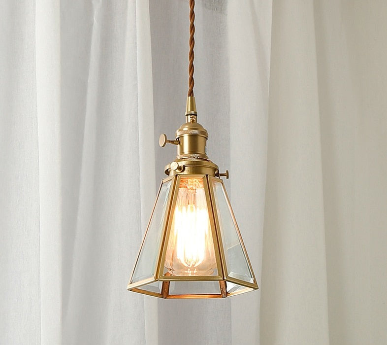 Lámpara colgante vintage de cobre y vidrio