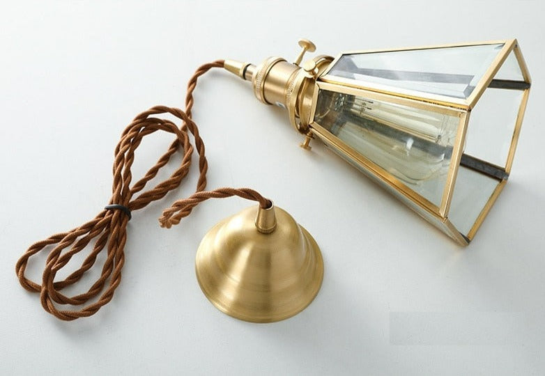 Lámpara colgante vintage de cobre y vidrio