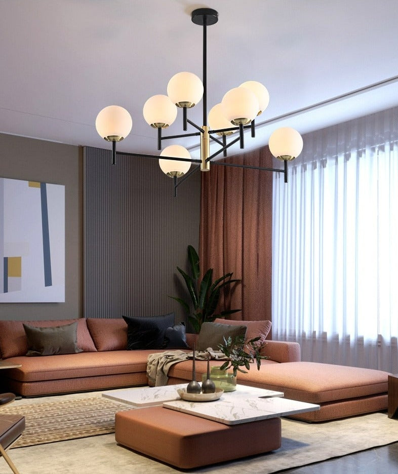 Brass and Frosted Glass Contemporary Modern Nordic Multi-Bulb Chandelier