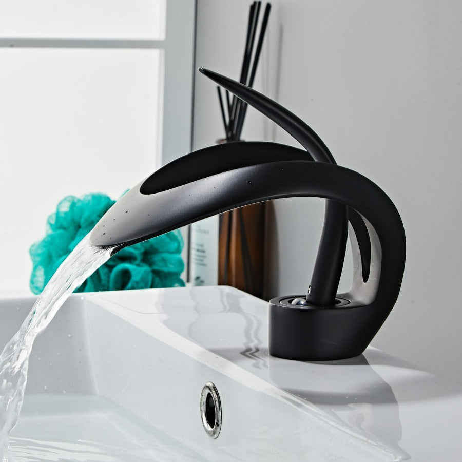 Black curved single handle bathroom basin faucet