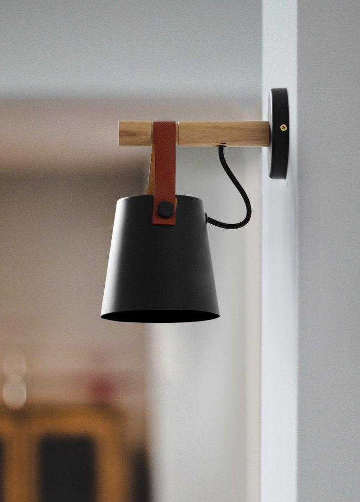 Wooden nordic hanging wall lamp in black with leather strap