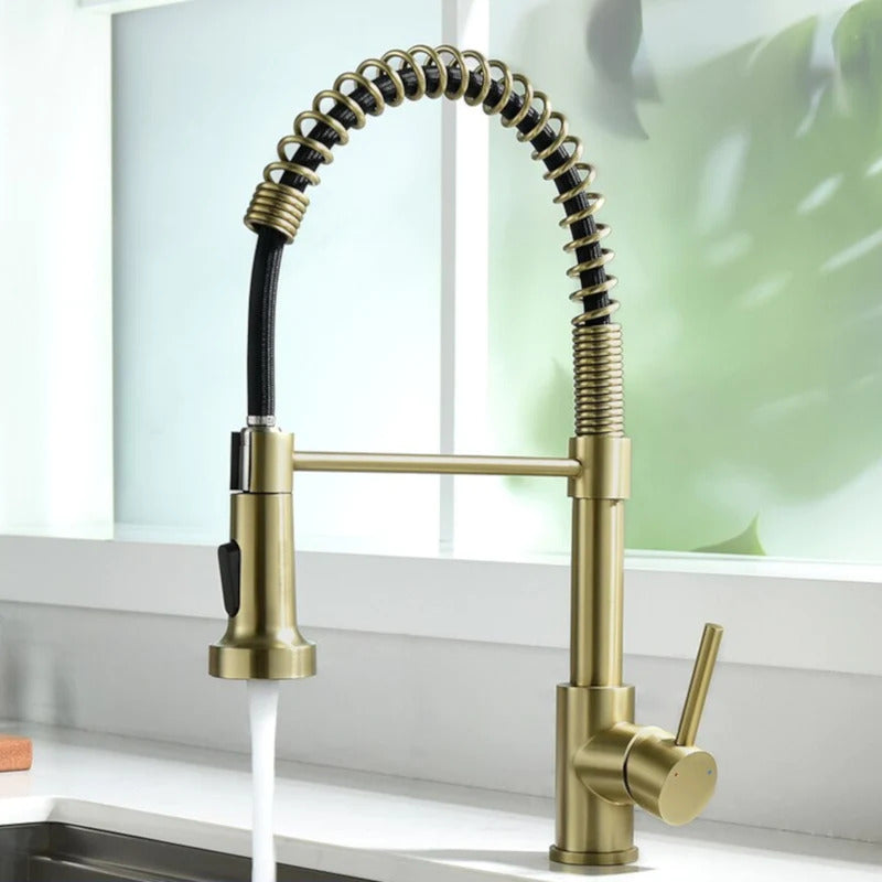 brushed gold modern pull out retractable kitchen faucet