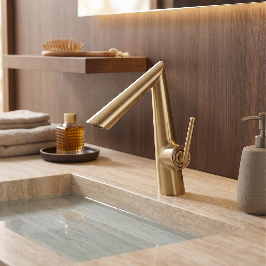 Modern bathroom sink with gold faucet and wooden shelf in the background