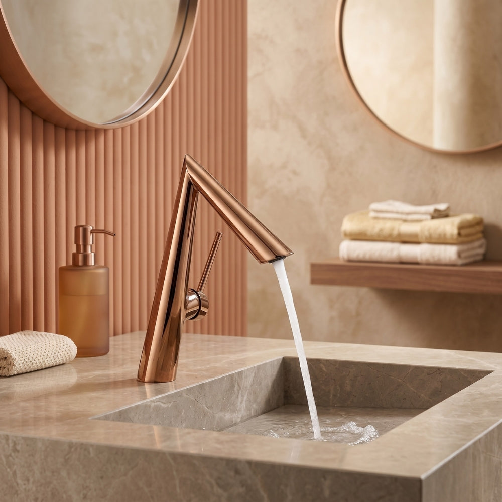 Bathroom sink with bronze faucet and running water, surrounded by towels and a soap dispenser.