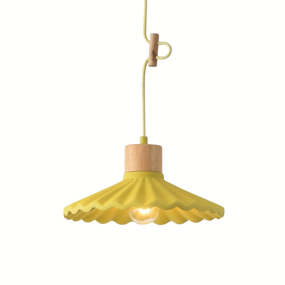 Yellow pendant light with wooden base on a white background