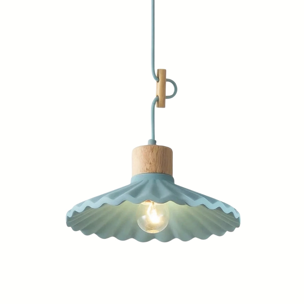 Light blue pendant lamp with wooden base on a white background