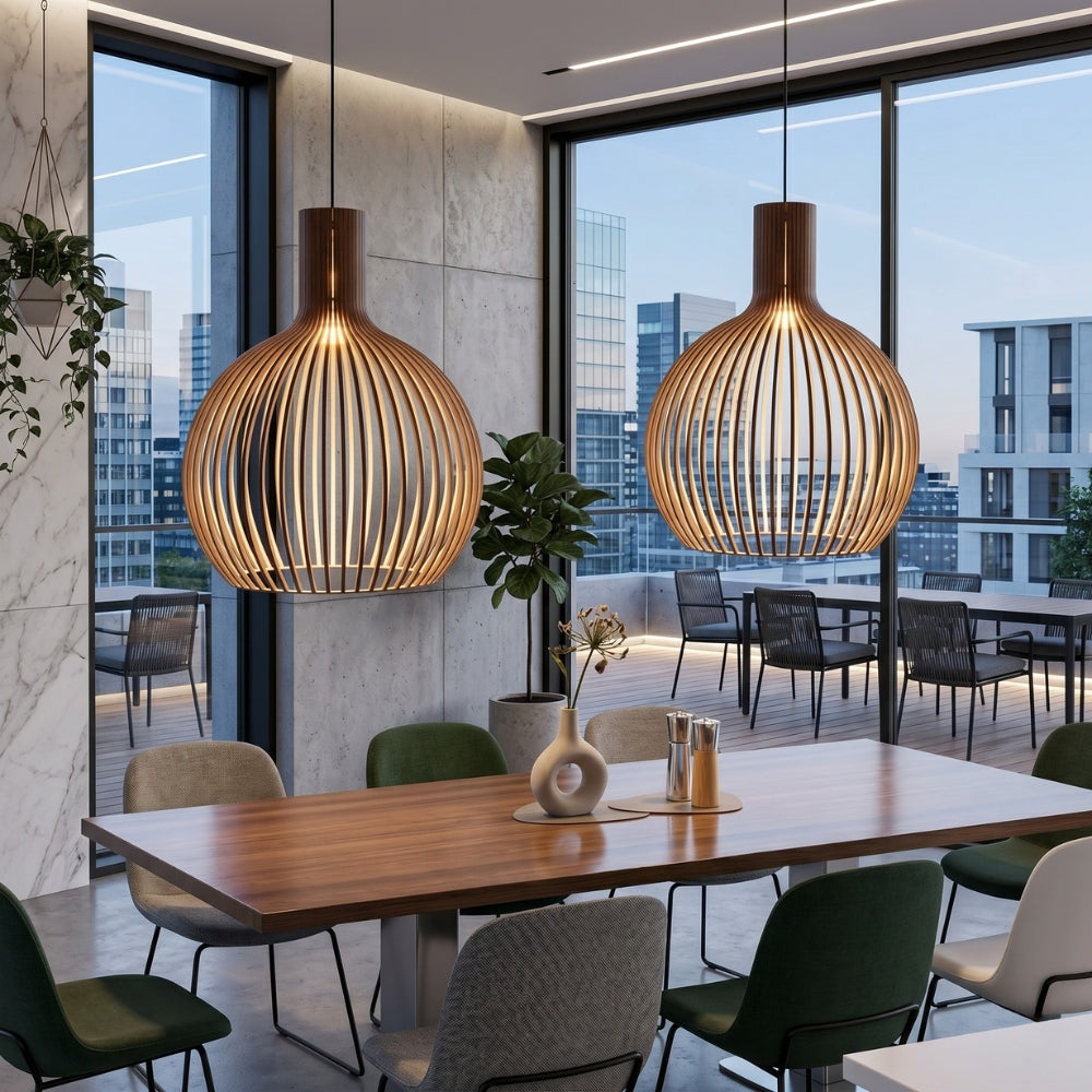 Modern dining area with wooden table and chairs, featuring two hanging pendant lights.