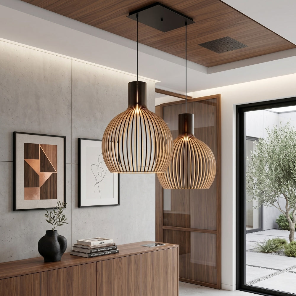 Modern interior with wooden pendant lights, sideboard, and framed artwork.
